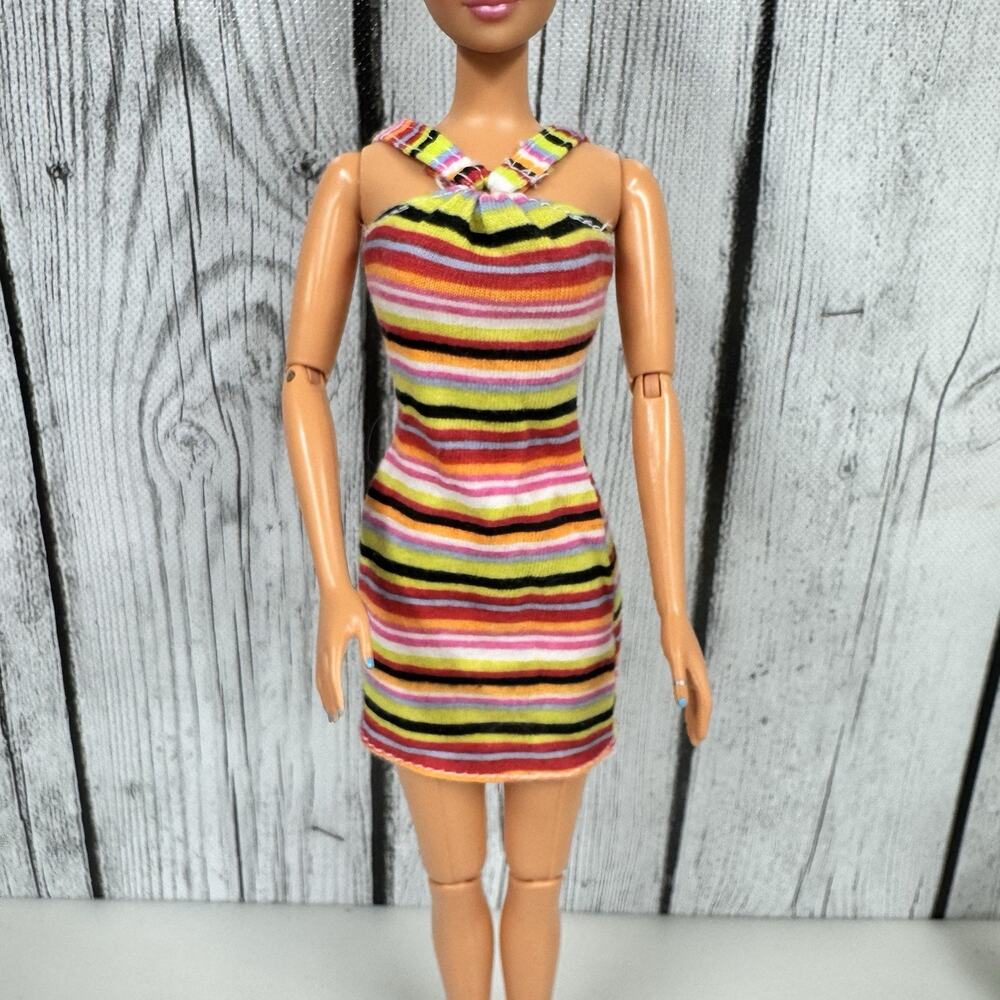 Barbie 1990s Summer Fashion Dress Multi Color Striped Halter Style Neck